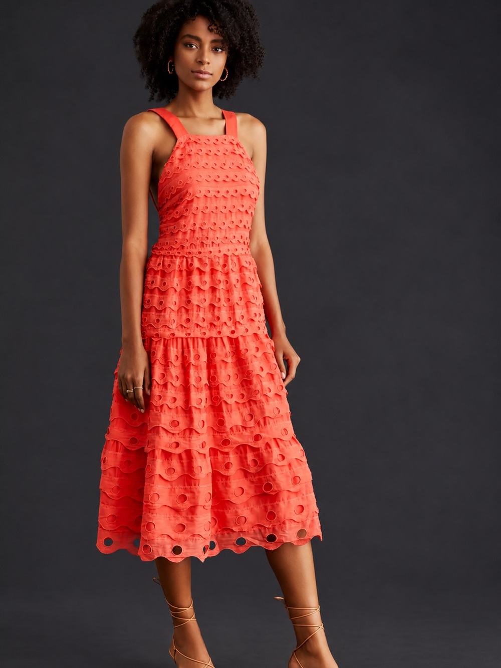 Maeve Anthropologie Coral Eyelet Tiered Ruffle Midi Dress 4